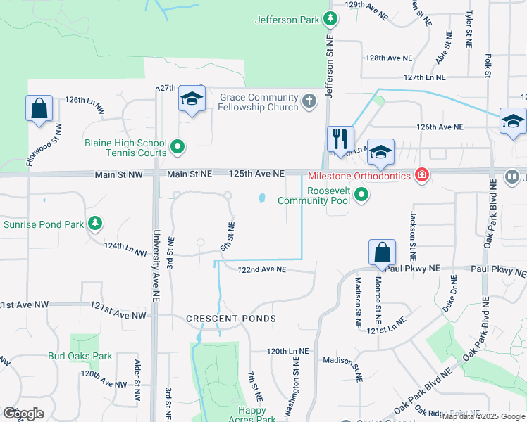 map of restaurants, bars, coffee shops, grocery stores, and more near 12349 5th Street Northeast in Blaine