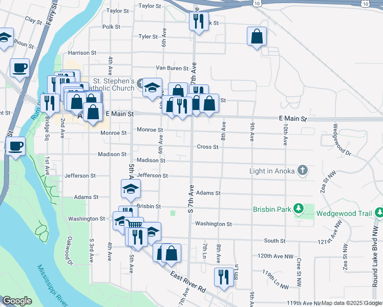 map of restaurants, bars, coffee shops, grocery stores, and more near 715 Madison Street in Anoka