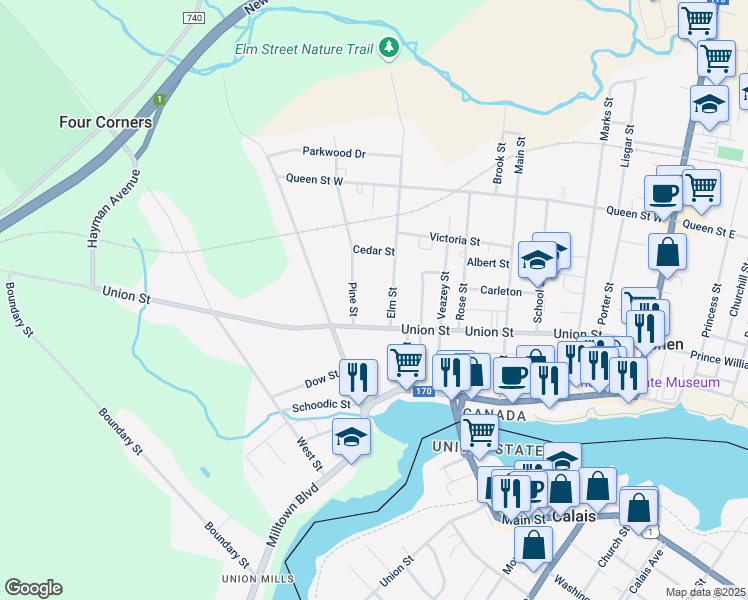 map of restaurants, bars, coffee shops, grocery stores, and more near 8 Elm Street in Saint Stephen