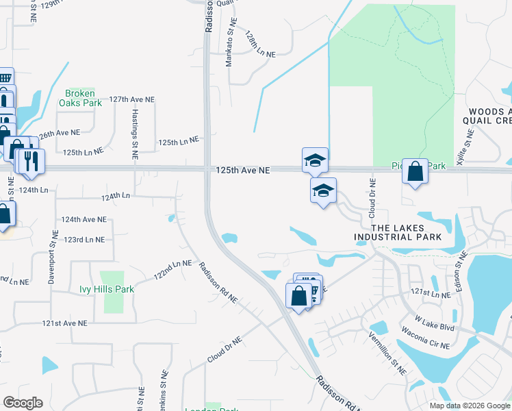 map of restaurants, bars, coffee shops, grocery stores, and more near 12157 Radisson Rd NE in Blaine