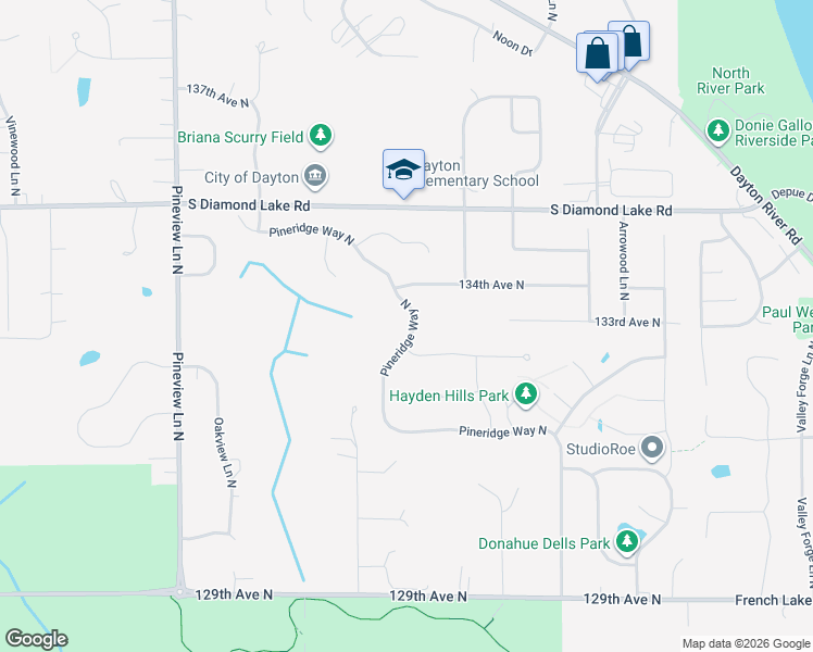 map of restaurants, bars, coffee shops, grocery stores, and more near 11820 Pineridge Way North in Dayton
