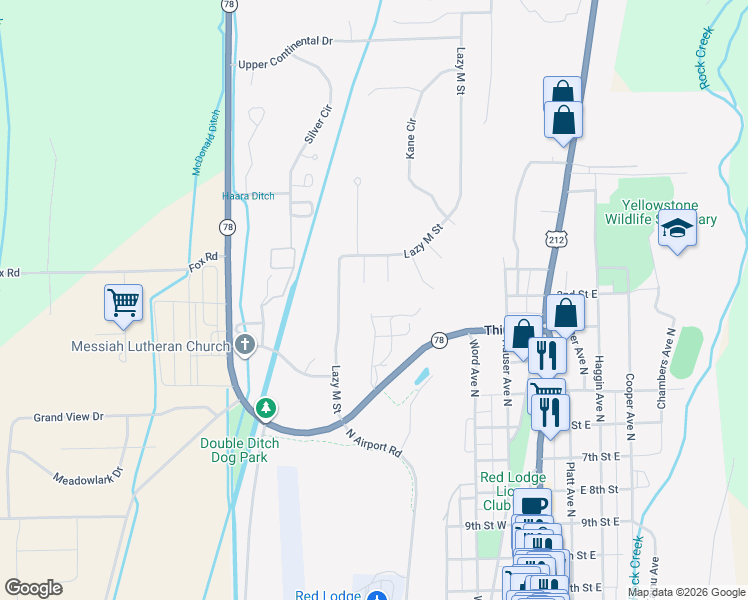 map of restaurants, bars, coffee shops, grocery stores, and more near Lazy M St in Red Lodge