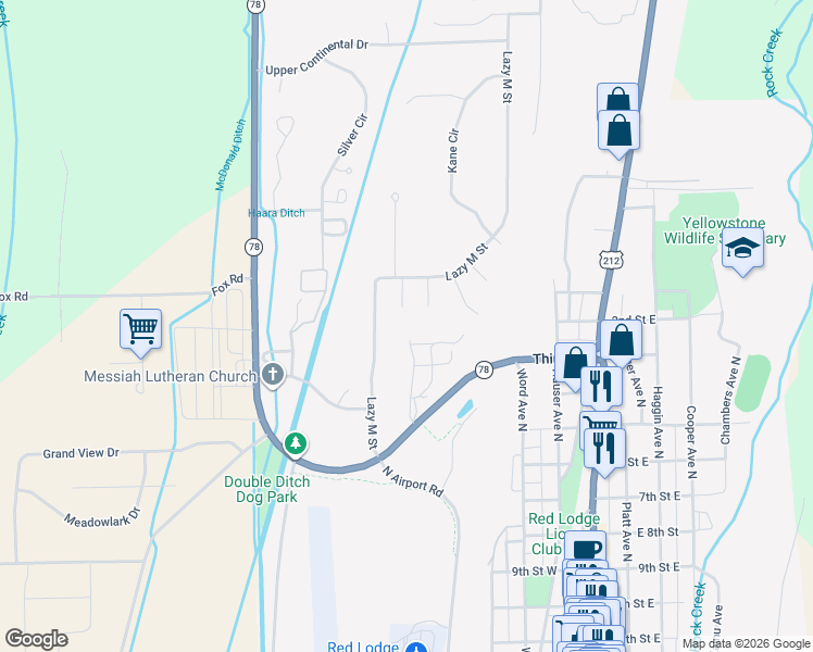 map of restaurants, bars, coffee shops, grocery stores, and more near Lazy M St in Red Lodge