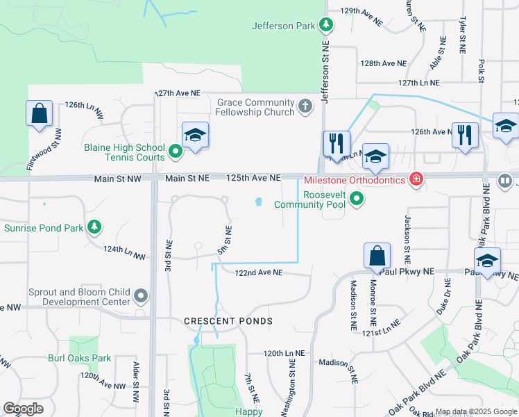 map of restaurants, bars, coffee shops, grocery stores, and more near 12349 5th Street Northeast in Blaine
