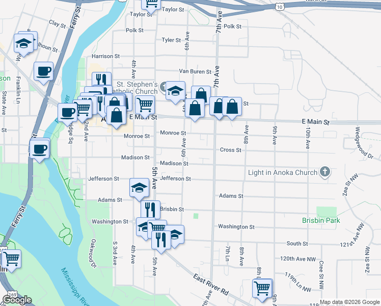 map of restaurants, bars, coffee shops, grocery stores, and more near 600 Madison Street in Anoka