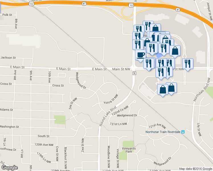 map of restaurants, bars, coffee shops, grocery stores, and more near 3724 123rd Ln NW in Coon Rapids