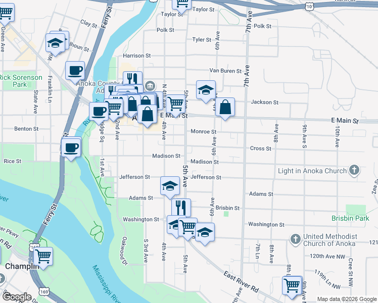 map of restaurants, bars, coffee shops, grocery stores, and more near 1820 5th Avenue in Anoka