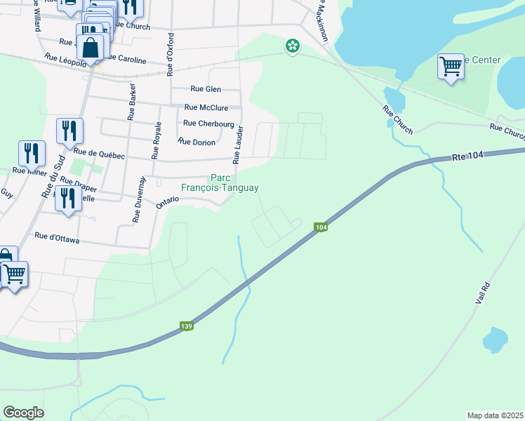 map of restaurants, bars, coffee shops, grocery stores, and more near Rue du Pacifique in Cowansville