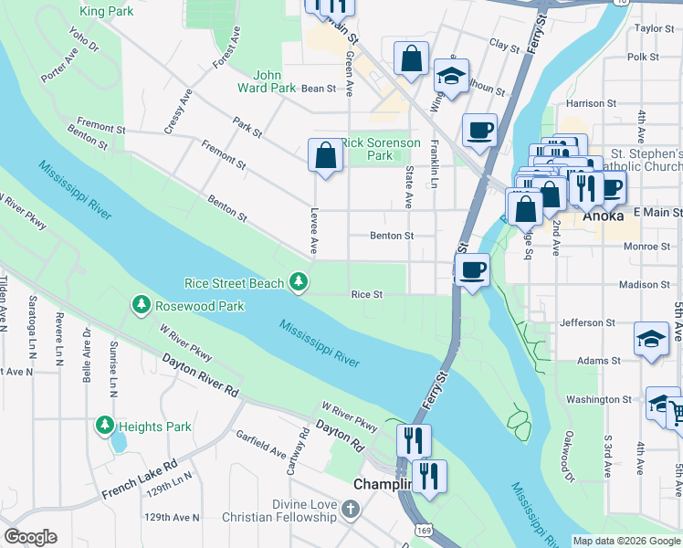map of restaurants, bars, coffee shops, grocery stores, and more near 457 Benton Street in Anoka