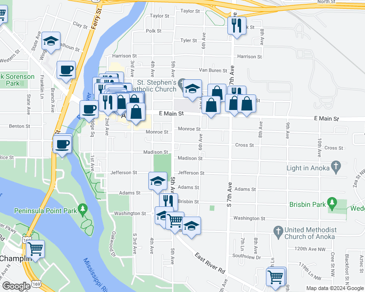 map of restaurants, bars, coffee shops, grocery stores, and more near 510 Cross Street in Anoka