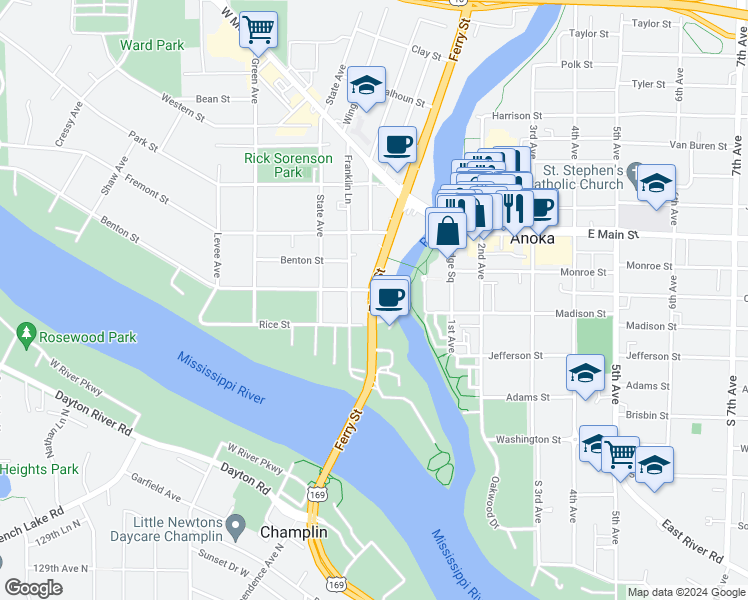 map of restaurants, bars, coffee shops, grocery stores, and more near 1772 South Ferry Street in Anoka