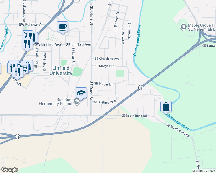 map of restaurants, bars, coffee shops, grocery stores, and more near 560 Southeast Border Lane in McMinnville