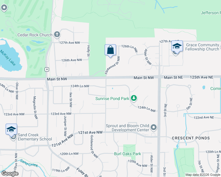 map of restaurants, bars, coffee shops, grocery stores, and more near 285 124th Lane Northwest in Minneapolis