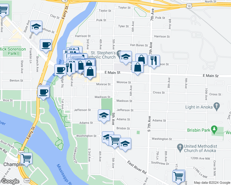 map of restaurants, bars, coffee shops, grocery stores, and more near 1835 5th Avenue in Anoka