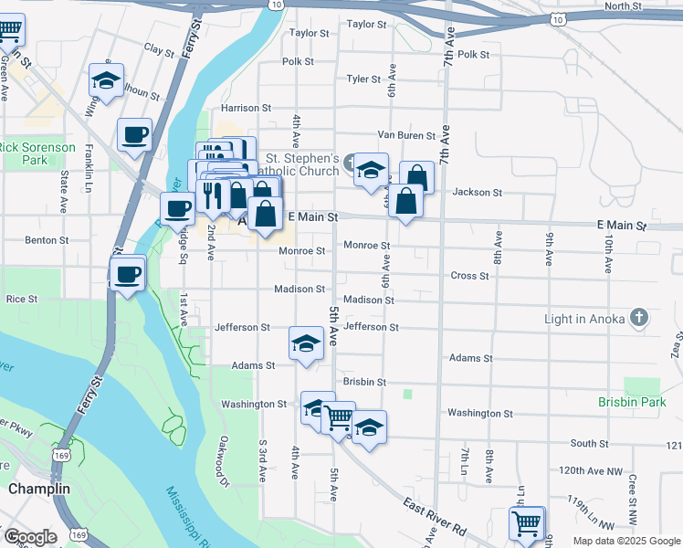 map of restaurants, bars, coffee shops, grocery stores, and more near 1835 5th Avenue in Anoka