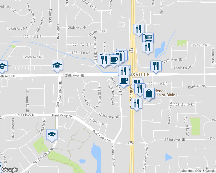 map of restaurants, bars, coffee shops, grocery stores, and more near 12444 Johnson St NE in Blaine