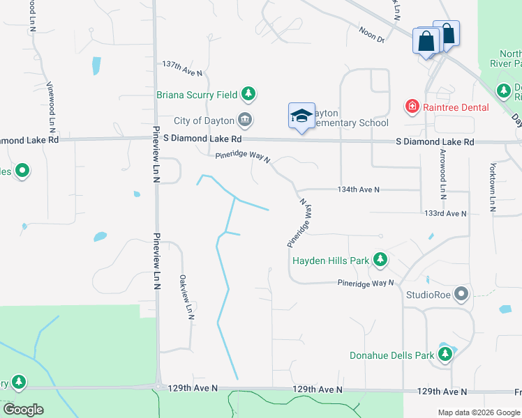 map of restaurants, bars, coffee shops, grocery stores, and more near 13351 White Pine Court North in Dayton