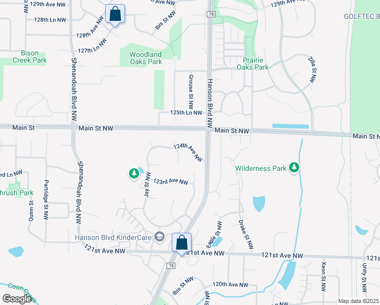 map of restaurants, bars, coffee shops, grocery stores, and more near 1643 124th Avenue Northwest in Minneapolis