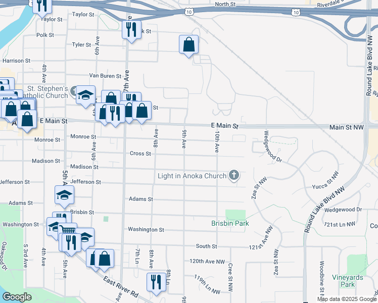 map of restaurants, bars, coffee shops, grocery stores, and more near 1870 9th Avenue in Anoka