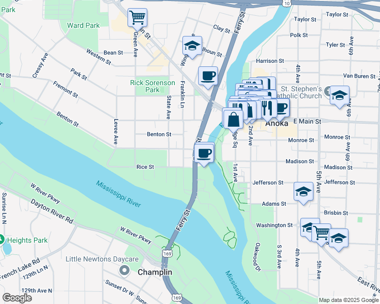 map of restaurants, bars, coffee shops, grocery stores, and more near 109 Benton Street in Anoka
