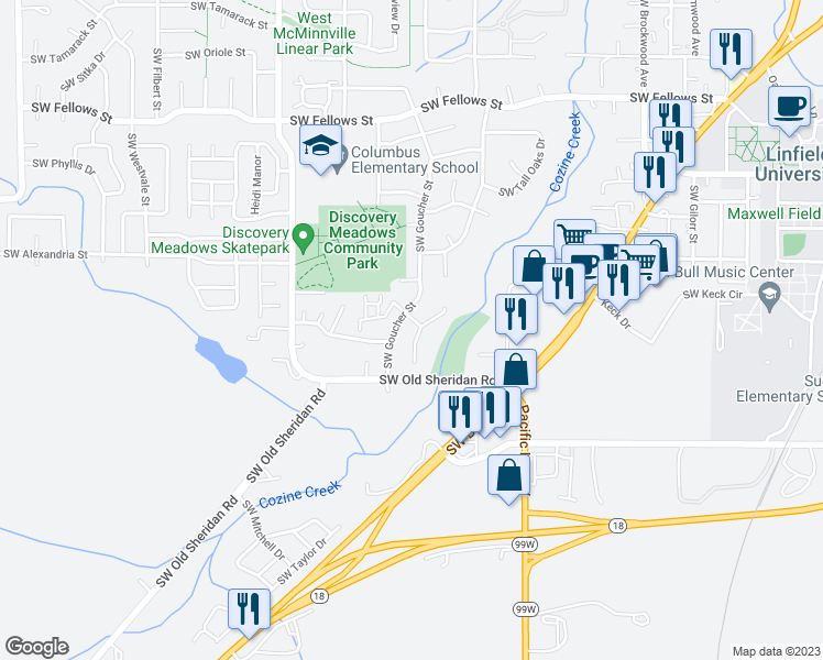 map of restaurants, bars, coffee shops, grocery stores, and more near 1653 Southwest Bonnie Jean Place in McMinnville