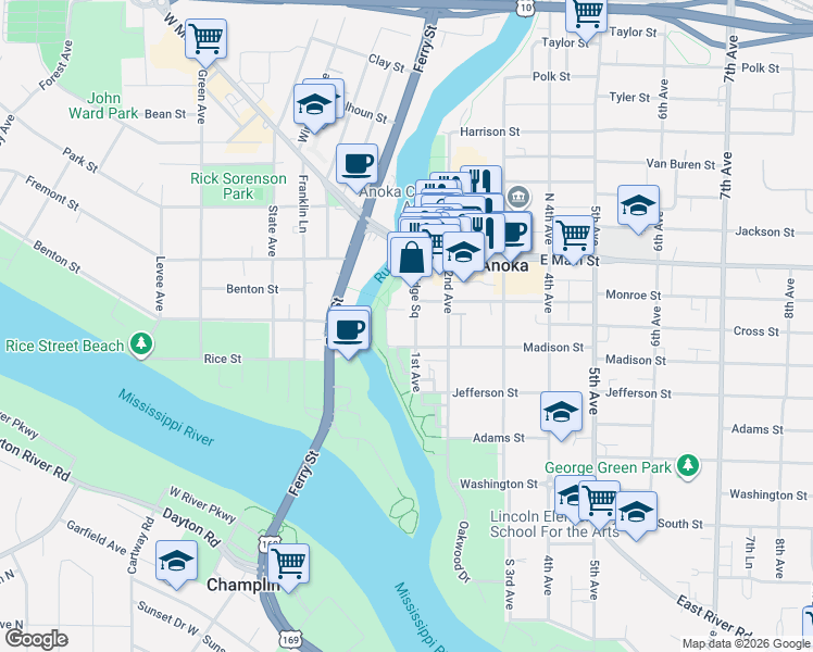 map of restaurants, bars, coffee shops, grocery stores, and more near 2 Bridge Square in Anoka