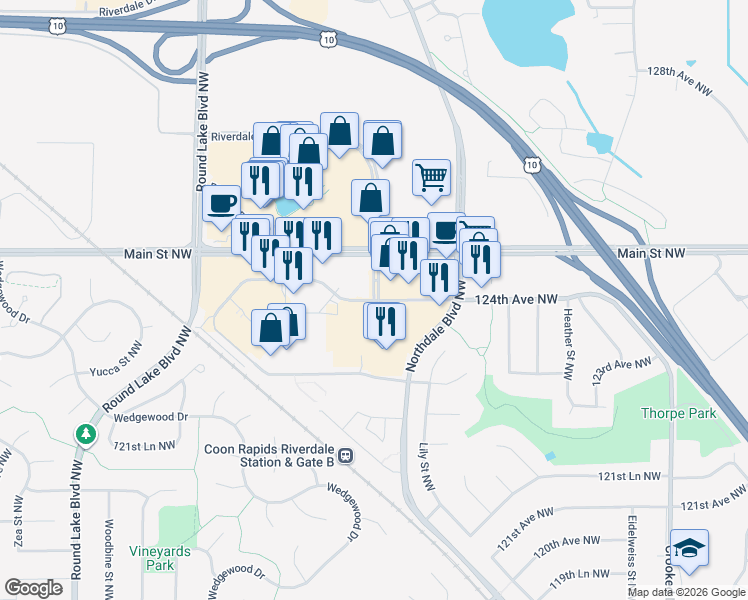 map of restaurants, bars, coffee shops, grocery stores, and more near 3300 124th Avenue Northwest in Coon Rapids