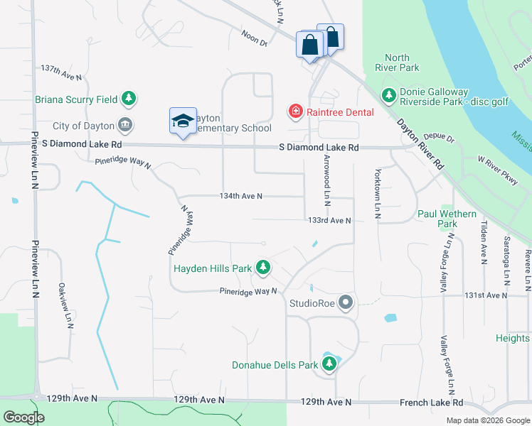 map of restaurants, bars, coffee shops, grocery stores, and more near 11511 134th Avenue North in Dayton