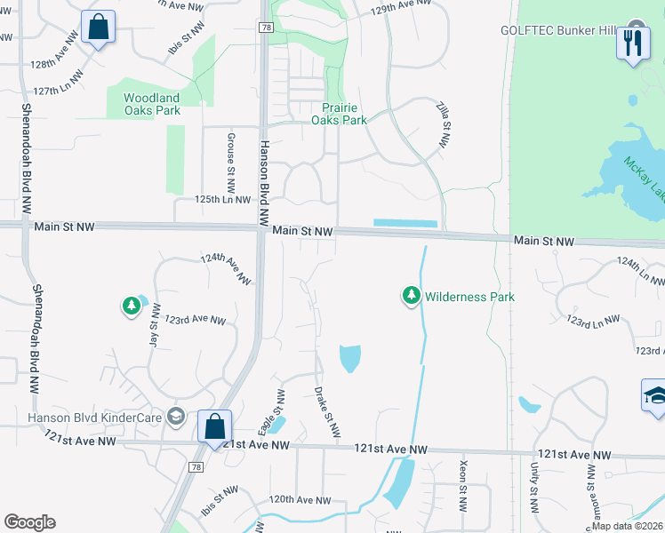 map of restaurants, bars, coffee shops, grocery stores, and more near 12433 Drake Street Northwest in Coon Rapids