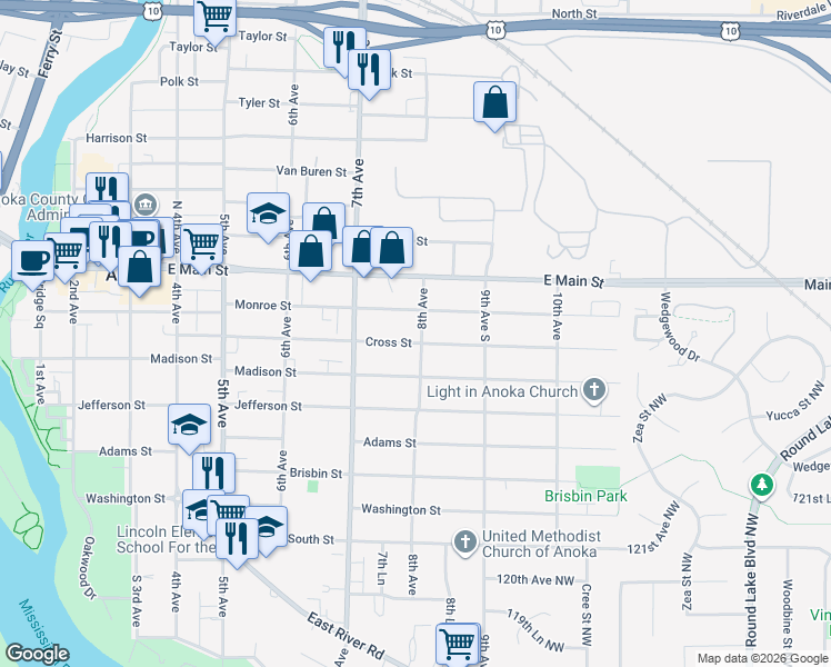 map of restaurants, bars, coffee shops, grocery stores, and more near 750 Monroe Street in Anoka