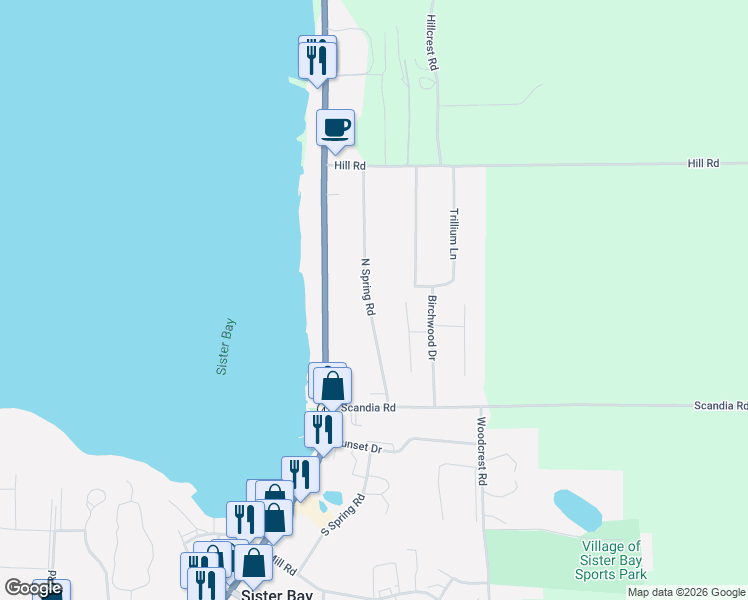 map of restaurants, bars, coffee shops, grocery stores, and more near 10820 North Spring Road in Sister Bay