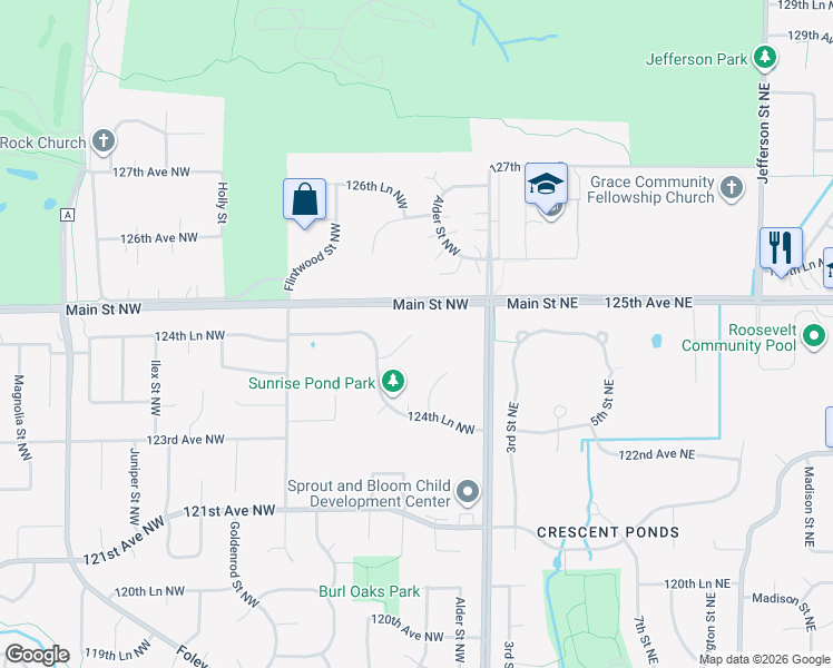 map of restaurants, bars, coffee shops, grocery stores, and more near 12490 Cottonwood Street Northwest in Minneapolis
