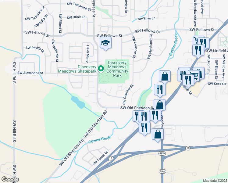 map of restaurants, bars, coffee shops, grocery stores, and more near 1525 Southwest Shirley Ann Drive in McMinnville