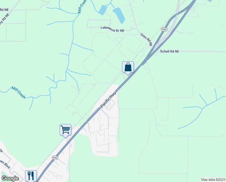 map of restaurants, bars, coffee shops, grocery stores, and more near 19107 Oregon 99E in Hubbard