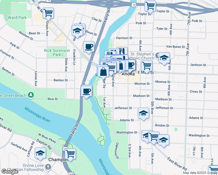 map of restaurants, bars, coffee shops, grocery stores, and more near 100 Monroe Street in Anoka