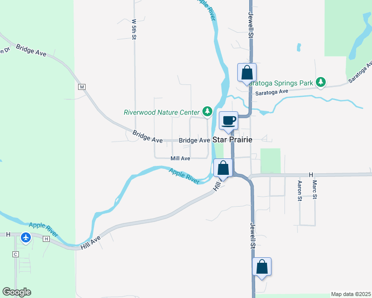 map of restaurants, bars, coffee shops, grocery stores, and more near 113 West 2nd Street in Star Prairie