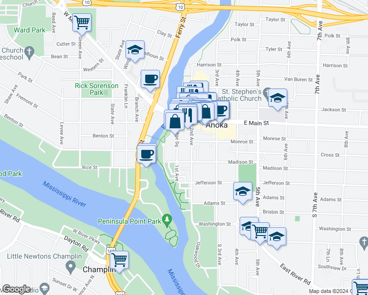map of restaurants, bars, coffee shops, grocery stores, and more near 100 Monroe Street in Anoka