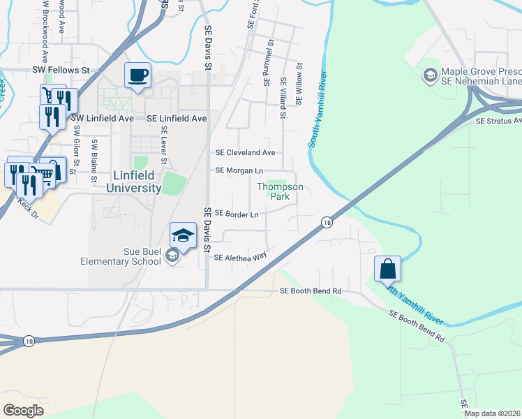 map of restaurants, bars, coffee shops, grocery stores, and more near 1635 South Queenborough Court in McMinnville