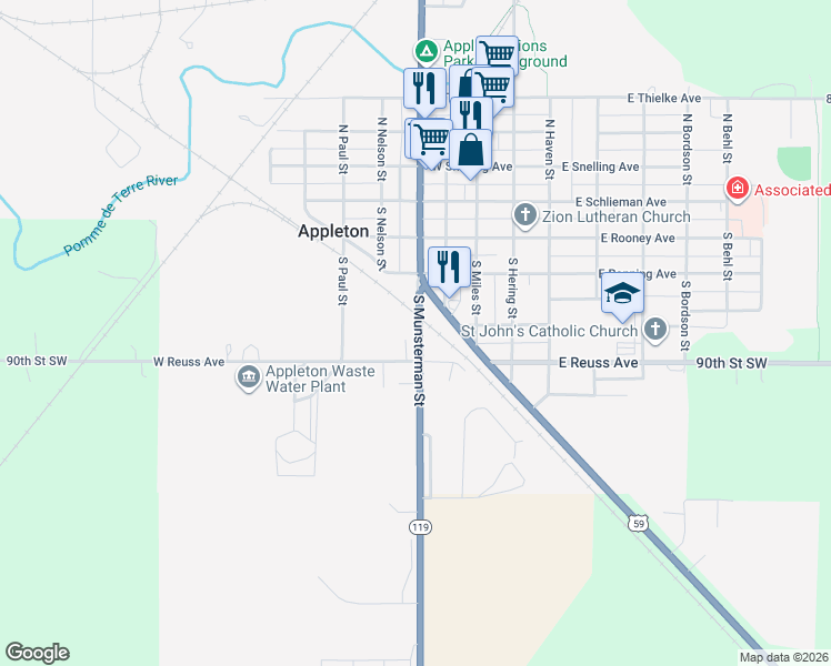 map of restaurants, bars, coffee shops, grocery stores, and more near 347 South Munsterman Street in Appleton