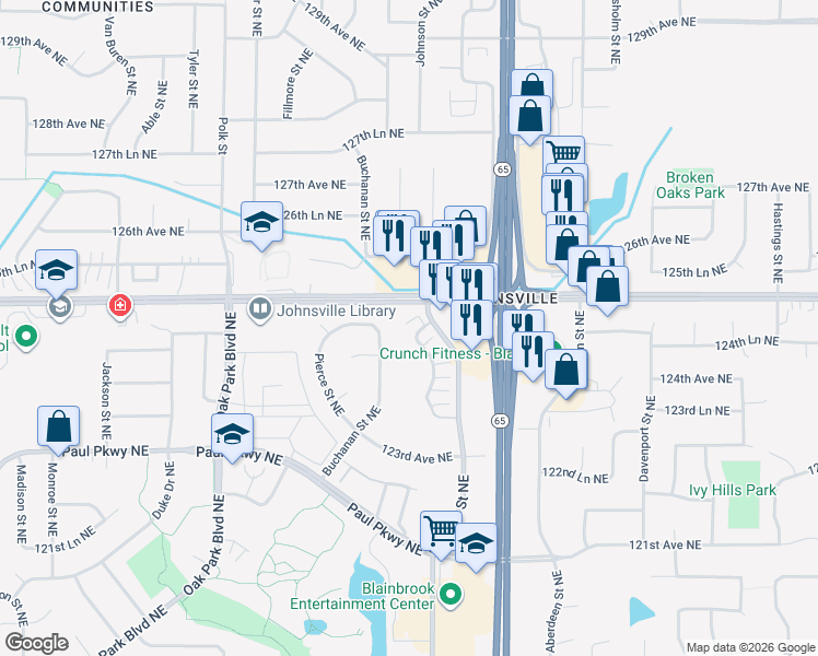 map of restaurants, bars, coffee shops, grocery stores, and more near 12466 Johnson Street Northeast in Blaine