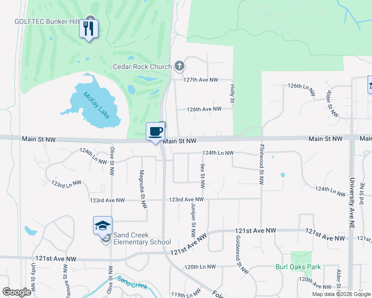 map of restaurants, bars, coffee shops, grocery stores, and more near 545 124th Lane Northwest in Minneapolis