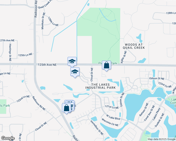 map of restaurants, bars, coffee shops, grocery stores, and more near 12450 Cloud Drive Northeast in Blaine