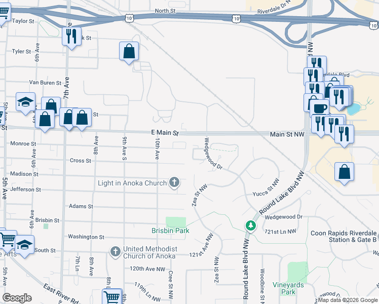 map of restaurants, bars, coffee shops, grocery stores, and more near 3974 124th Lane Northwest in Coon Rapids