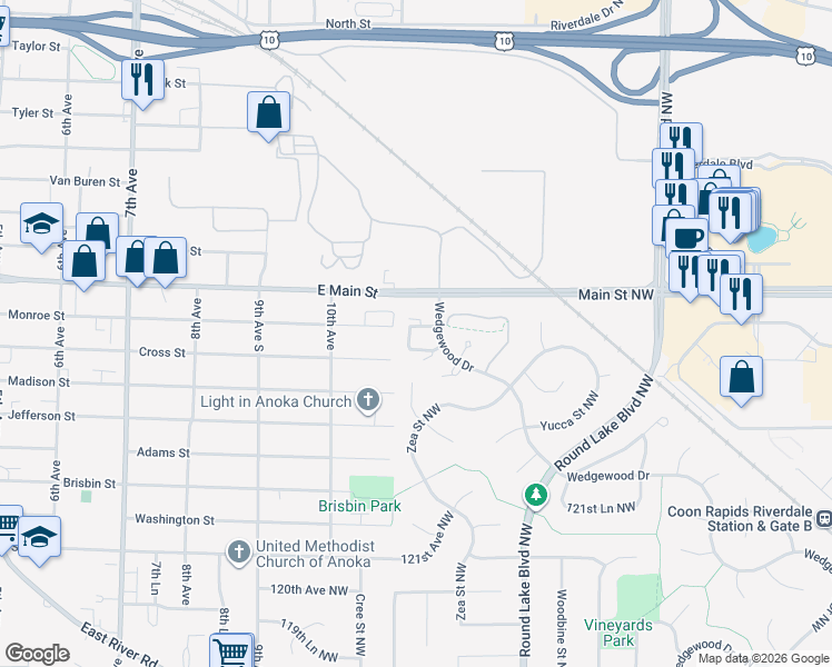 map of restaurants, bars, coffee shops, grocery stores, and more near 3974 124th Ln NW in Coon Rapids