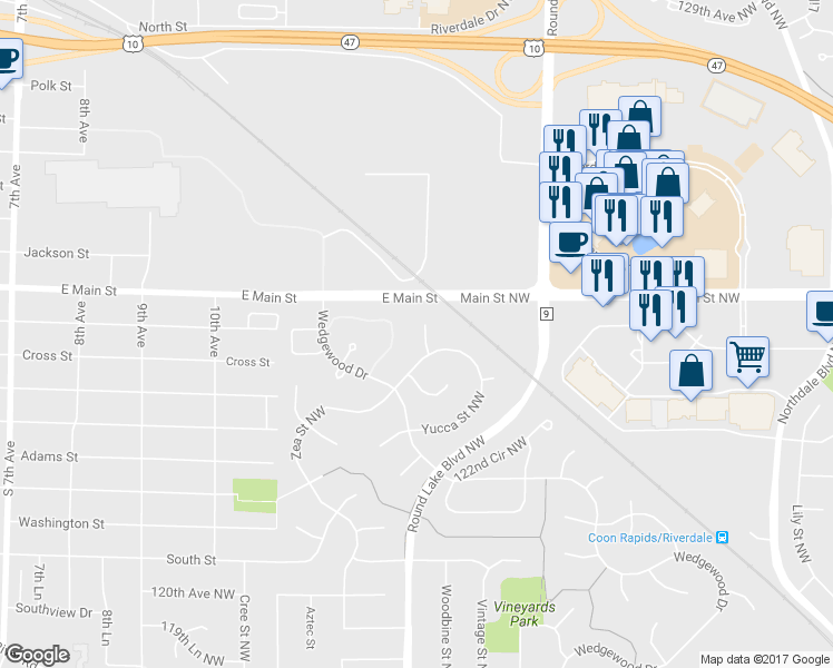 map of restaurants, bars, coffee shops, grocery stores, and more near 3776 124th Lane Northwest in Coon Rapids