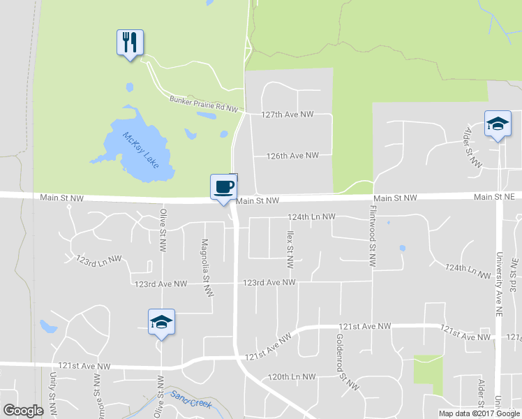 map of restaurants, bars, coffee shops, grocery stores, and more near 545 124th Lane Northwest in Minneapolis