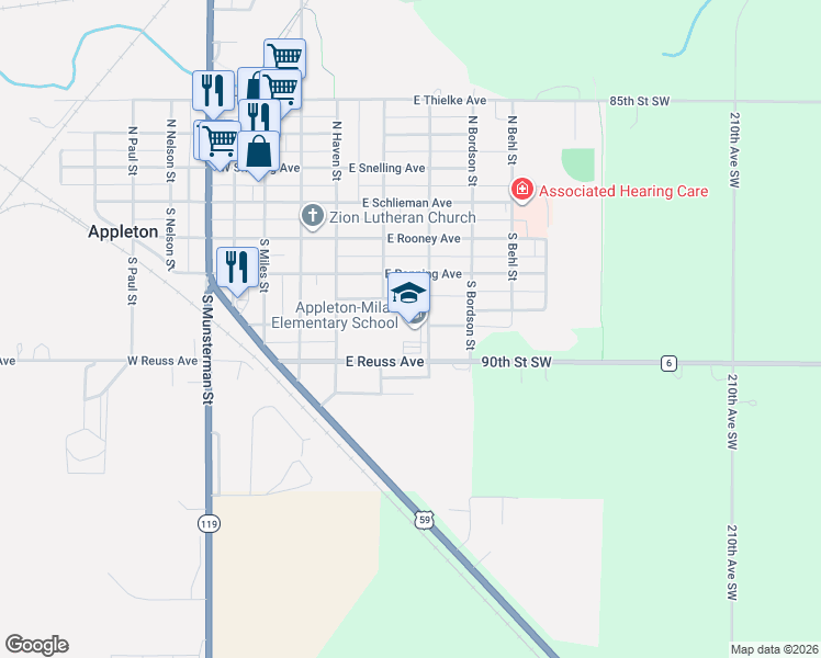 map of restaurants, bars, coffee shops, grocery stores, and more near 201 East Reuss Avenue in Appleton