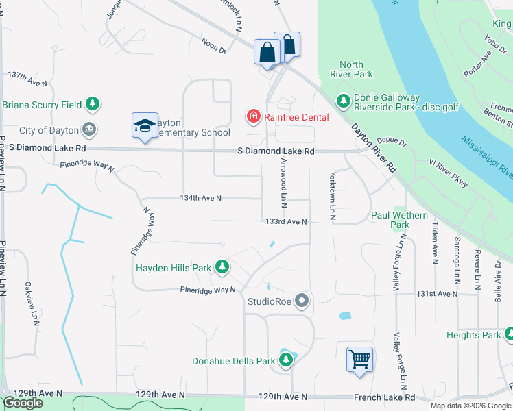 map of restaurants, bars, coffee shops, grocery stores, and more near 13320 Balsam Lane North in Dayton