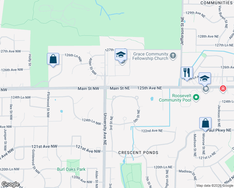 map of restaurants, bars, coffee shops, grocery stores, and more near 51 124th Avenue Northeast in Blaine