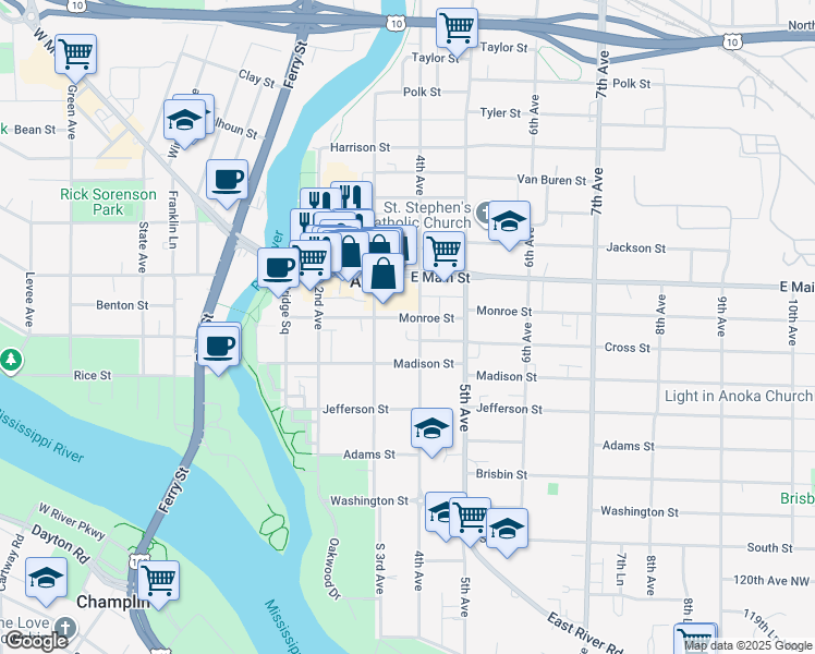 map of restaurants, bars, coffee shops, grocery stores, and more near 324 Monroe Street in Anoka